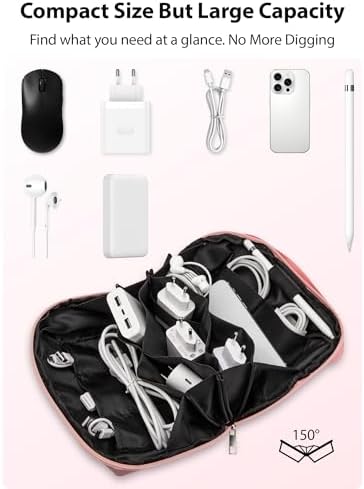 iMangoo Tech Organizer Travel Case 150° Open Large Storage Pouch Purse for Women Zipper Waterproof Bag Power Bank Portable Charger Cable Cord Electronics Accessories Trip Travel Essentials Bags Pink - Image 3