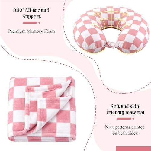 5 Pcs Travel Pillow and Blanket Set, 5 in 1 Travel Airplane Compact Includes 40 x 60 Inch Throw Blanket Eye Mask Neck Pillow Earplug and Bag Gifts for Travelers Women(Checkered,Pink) - Image 3