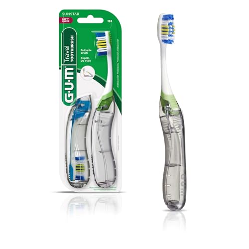 GUM Folding Travel Toothbrush, Compact Head + Tongue Cleaner, Soft Bristled Travel Toothbrushes for Adults, 2 Count