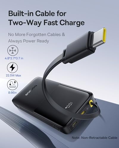 Baseus Portable Charger, 10000mAh Fast Charging Power Bank, 22.5W PD3.0 QC3.0 Battery Pack Built-in USB C Braided Cable, Travel Essentials for iPhone 17 16 15, iPad, S25/S24, Indoor/Outdoor - Image 2