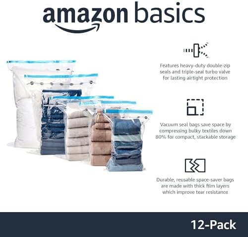 Amazon Basics Vacuum Storage Bags with Hand Pump for Travel, Space Saving Compression Bags for Clothes and Blankets, Clear, 12 Pack (3 Small, 3 Medium, 3 Large & 3 Jumbo) - Image 2