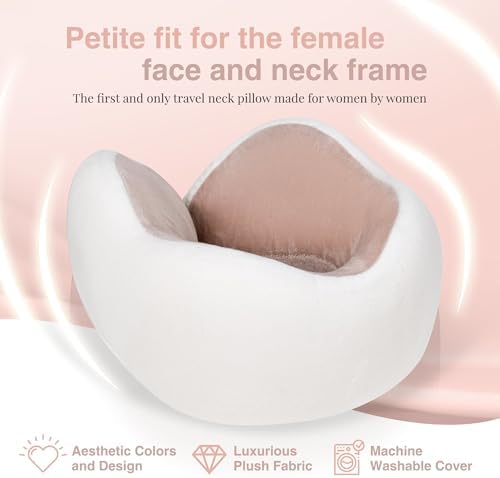 Women's Small Fitted Neck Pillow for Traveling, Memory Foam Travel Pillow, Travel Neck Pillows for Airplanes, Travel Essentials for Flying, Plane Pillow in Taupe and White - Image 3