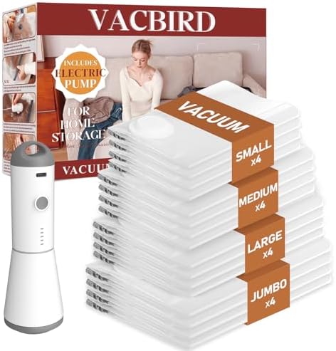 Vacuum Seal Bags for Clothing, 16 Pack Vacuum Storage Bags with Rechargeable Cordless Air Pump(4J+4L+4M+4S), Space Saver Bags for Clothes Blanket Duvets Pillows Comforters Travel