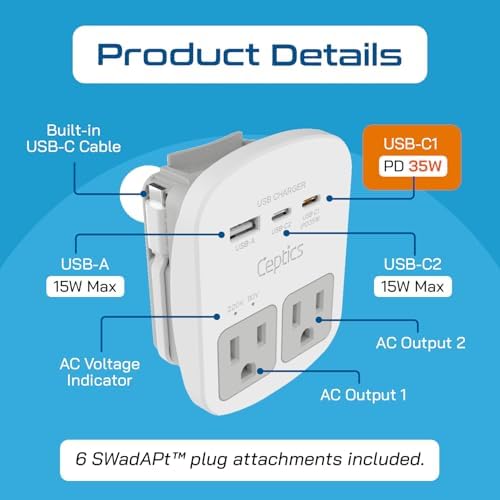 Ceptics 35W Universal Travel Adapter Kit – 2 USA sockets, USB-A, USBC, 1x PD 35W USB-C and USBC Cable, Surge Protected, Plugs for EU, UK, China, AU, Japan - for Laptop, Phone, Camera-ETL Tested - Image 3