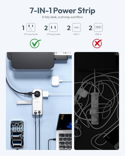 NTONPOWER 100W GAN Ultra Travel Power Strip, 7-in-1 USB C Charging Station with 3 Outlets 4 USB (2 Fast Charge)& 5ft Extension Cord, Compact Desktop Charger for MacBook, iPhone, Cruise, Office, White - Image 3