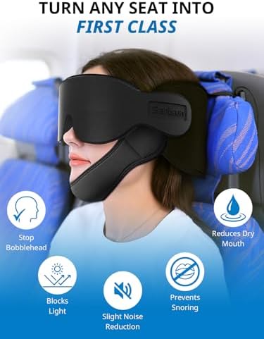 Airplane Pillow Combo with Chin Strap, Travel Pillows for Airplanes with Sleep Eye Mask, Plane Pillow for Long Flights, Car Road Trip, 360° Headrest, Stop Bobblehead, Black - Image 3