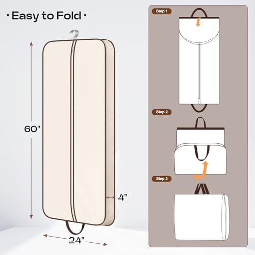 MISSLO 60" Foldable Garment Bags for Travel for Women Dress Bags for Gowns Long Hanging Bag for Closet Storage Dress Protector Bag for Gowns, Suits, Coats, Beige - Image 3