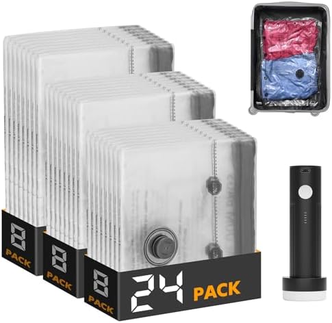 SpaceAid Travel Vacuum Bags for Luggage with Electric Pump, 24 Pack Vacuum Seal Bags for Clothing Travel, Space Saver Compression Bag for Backpack and Suitcase