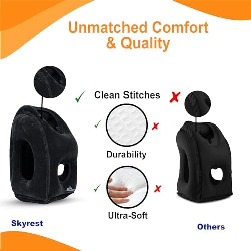 Inflatable Travel Pillow - Airplane Pillow for Neck Support on Long Flights, Buses, Cars, Office & Trains - Comes with Eye Mask, Earplugs & Portable Drawstring Bag - Black - Image 3