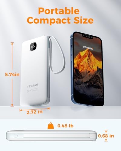 Portable Charger with Built in Cables,TESSAN 10000mAh Power Bank Fast Charging with Foldable Wall Plug Charger, PD20W Compact Battery Pack Travel Essentials for iPhone 17/16/15 Series,Samsung,Tablets - Image 3