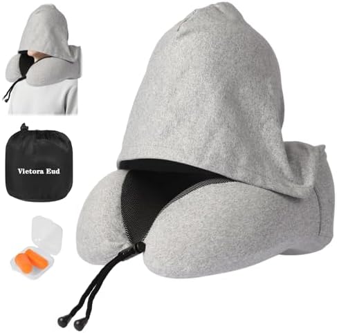 Travel Neck Pillow with 100% Light-Blocking Hood – Ergonomic Memory Foam Support Pillow for Airplane, Long Flights, Road Trips, Office and Car, Full Head and Neck Support with Skin-Friendly Cover