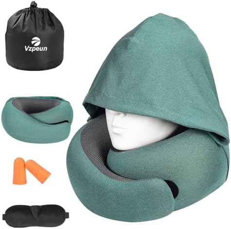 Travel Pillow - Hooded Neck Pillow Airplane Memory Foam Filling for Plane, Office, Cars Sleeping, Road Trip, Long Flights, Portable Plane Accessories, Includes Eye Mask & Earplugs (Green) - Image 8