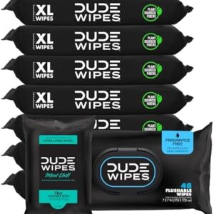 DUDE Wipes - Flushable Wipes - 8-Pack, 384 Count - Unscented + Mint Chill Travel Pack 1-Pack, 18-Count - Extra-Large - Vitamin-E & Aloe - Septic and Sewer Safe