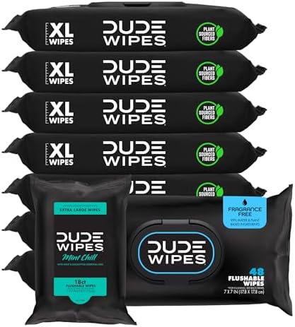 DUDE Wipes - Flushable Wipes - 8-Pack, 384 Count - Unscented + Mint Chill Travel Pack 1-Pack, 18-Count - Extra-Large - Vitamin-E & Aloe - Septic and Sewer Safe