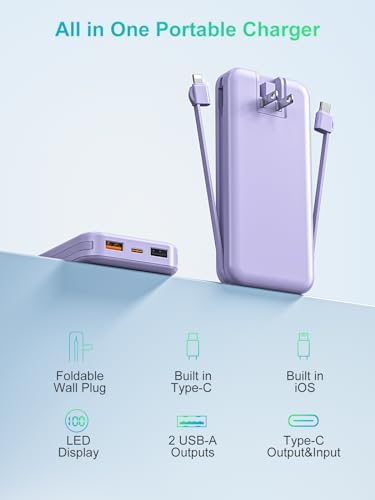 Portable Charger, 12000mAh 22.5W USB C Fast Charging Power Bank with Built-in Cables and AC Wall Plug, Smart LED Display Travel Essentials Battery Pack Compatible with iPhone, iPad, Samsung etc Purple - Image 9