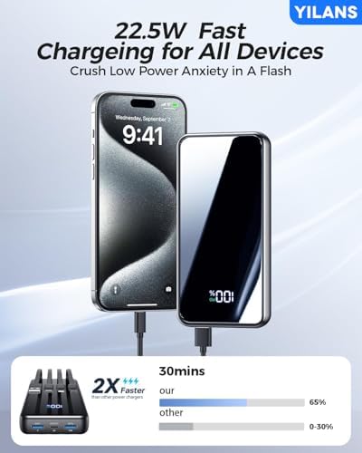 Portable Charger,50000mAh Power Bank Built-in Cable, 22.5W PD USB C In & Out Fast Charging, External Battery Pack with 6 Output & 2 Input, Travel Phone Charger for iPhone 17/16/15/14/13/12(Black) - Image 2