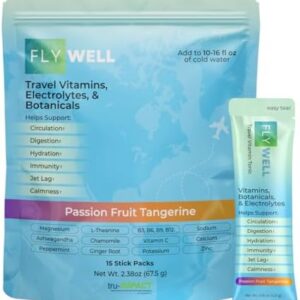 Travel Vitamin Tonic for Flight, Jet Lag, Hydration, Circulation, Digestion & Immune Support, Promotes Calmness, Electrolyte Powder, Travel Essentials, Passion Fruit Tangerine, 15 Sticks
