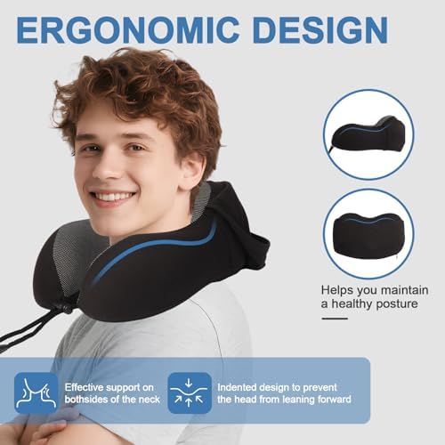 Travel Neck Pillow with 100% Light-Blocking Hood – Ergonomic Memory Foam Support Pillow for Airplane, Long Flights, Road Trips, Office and Car, Full Head and Neck Support with Skin-Friendly Cover - Image 3
