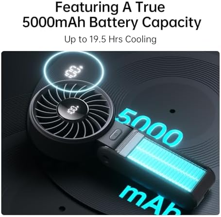 JISULIFE Handheld Fan Life7 – Ultimate Flexibility: High-Power Motor, LED Display, 19.5 Hrs Cooling, 5000mAh Rechargeable, 5-Speed, Foldable Design, 3-IN-1 Portable Fan for Travel Cruise Beach(Black) - Image 4