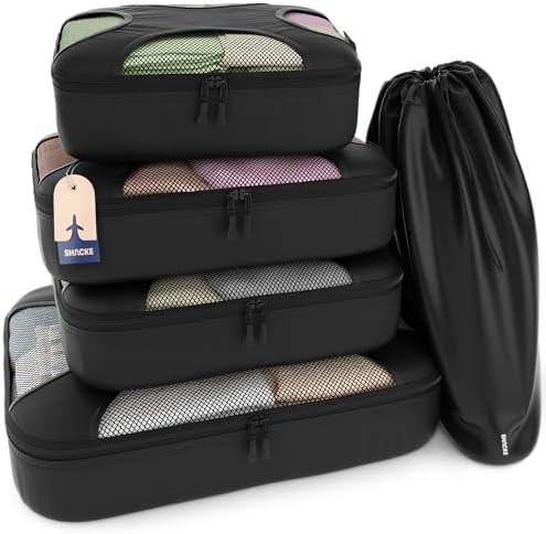 Shacke Packing Cubes for Travel 5 Set - Compression Luggage Organizer Bags - Versatile Travel Organizer for Women and Men - Optimized Packing Bags - Travel Essentials (Pure Black)