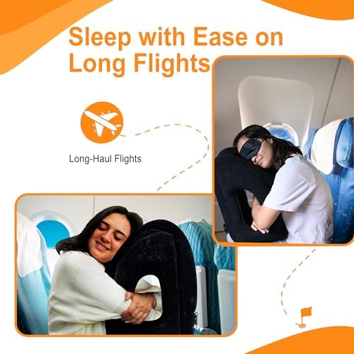 Inflatable Travel Pillow - Airplane Pillow for Neck Support on Long Flights, Buses, Cars, Office & Trains - Comes with Eye Mask, Earplugs & Portable Drawstring Bag - Black - Image 2
