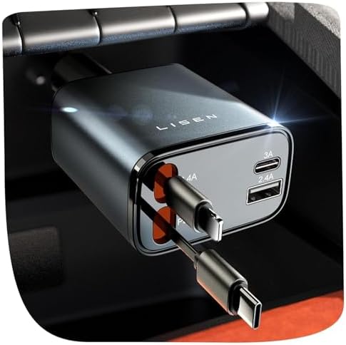 LISEN Retractable Car Charger, for Gifts for Him Her, Cars Adapter USB C Fast Charger, Car Accessories Gadgets for Men Women Travel Essentials Gift for iPhone 17e 16 15 14 13 12 Pro Max, Samsung S26