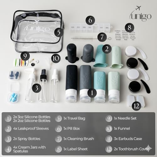 unigo 30 PACK Travel Bottles Set for Toiletries - Leakproof Refillable Travel Size Containers, TSA Approved Bottles with Labels, Brush & Covers for Carry-On Travel - Image 5