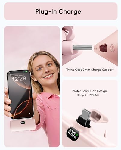 Lightweight Pink USB C Power Bank Portable Charger 5000mah with Kickstand for iPhone 17,Type-c Battery Pack Charger with Digital Display for iPhone 16/Samsung/Android phones, Pinky Gift for Her Phones - Image 2