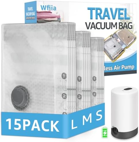 Vacuum Bags for Travel with Rechargeable Pump, 3 Sizes Vacuum Seal Bags for Clothing, Compression Vacuum Travel Bags for Luggage, Vacuum Packing Bags for Closet Organization (15)