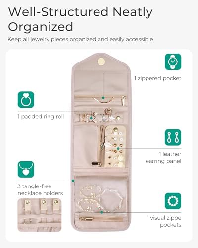 BAGSMART Travel Jewelry Organizer Case Foldable Small Jewelry Roll for Journey Rings, Necklaces, Earrings, Bracelets,Mini,Soft Pink - Image 3