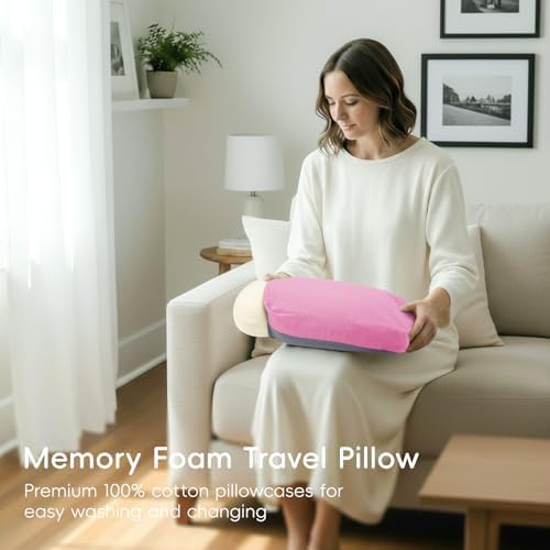 4-in-1 Travel Pillow & Blanket Set with Eye Mask, Memory Foam Neck Support, 50x65 Inch Blanket, Storage Bag for Airplane, Car, Train, Home Travel Pink - Image 5