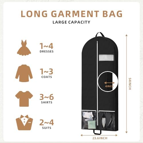 54" Garment Bags for Travel and Storage, Travel Suit Bags for Men Women with 2 Clear Pockets, Storage bags for Clothes, Suits, Dress, Shirts, Coats (Black) - Image 2
