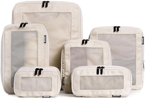 Aerotrunk Compression Packing Cubes for Travel - Luggage Organizer Bags - Double Zipper Packing Cubes for Suitcases (6-Pack, Beige)