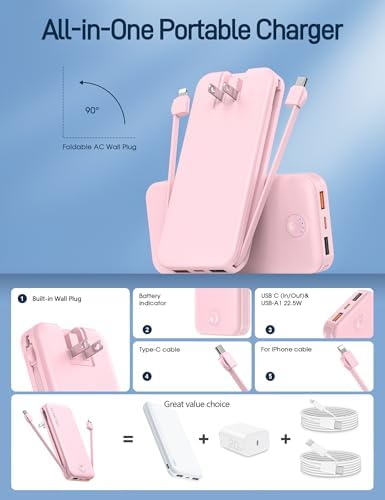 Portable Charger, 12000mAh 22.5W Fast Charging Power Bank with Built-in Cables & Wall Plug, Travel Essentials External Battery Pack, USB C Battery Phone Charger for iPhone, iPad, Samsung Pink - Image 3