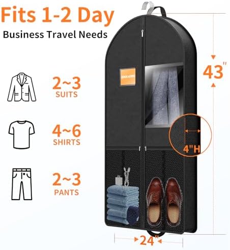 Suit Garment Clothes Travel Bag: 43 inch Lightweight Foldable Black Short Fabric Breathable - Hanging Storage Cover Pockets Zipper for Men - Wardrobe Carry Coat Jacket Uniform Tuxedo Shirt - Image 3