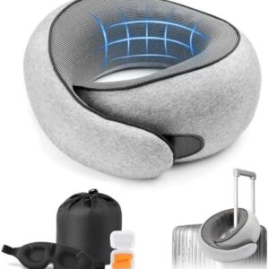 Travel Neck Pillow with 100% Pure Memory Foam, G-Shape, Includes Eye Mask & Ear Plugs, Ergonomic Design for Airplane, Car & Office, etc, Beige Gray