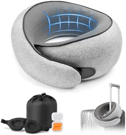 Travel Neck Pillow with 100% Pure Memory Foam, G-Shape, Includes Eye Mask & Ear Plugs, Ergonomic Design for Airplane, Car & Office, etc, Beige Gray