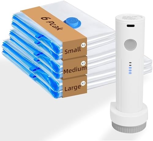 Travel Vacuum Bags with Rechargeable Pump,6 Pack Vacuum Storage Seal Bags for Clothing Suitcase Backpack, Space Saver Compression Clothes Storage Bag (6 Combo+ Electric Pump)