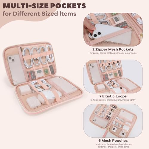 Electronics Organizer Travel Case, Charger Bag Cord Organizer Travel, Compact Tech Pouch Cable Organizer Bag for Charger, Cords, Phone, Headphones, Flash Drive, SD Card (Pink, Large-Single Layer) - Image 2