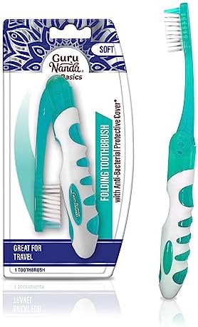 GuruNanda Folding Toothbrush with Built-in Cover, Perfect for Travel, Hiking & Camping, Compact & Portable, On-The-Go Toothbrush with Soft Bristles & Ergonomic Handle, for Adults & Kids (1 Count)