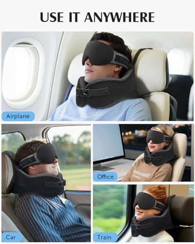 YFONG Travel Pillow for Long Flight Airplanes, Head Strap Combo with 3D Contoured Eye Mask for Sleep, Neck Pillow for Car Trip Essential, 360° Support Memory Foam Headrest, Prevent Head Bobbing, Black - Image 9