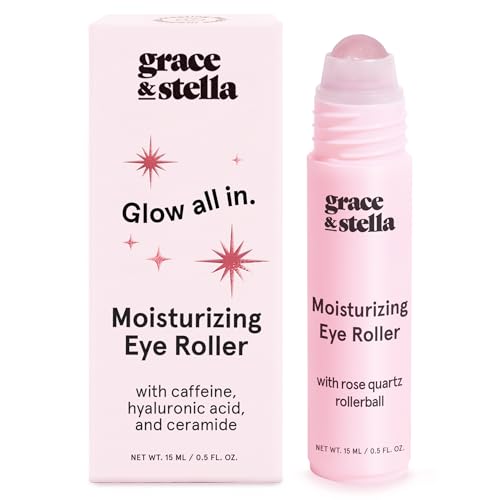 grace & stella Under Eye Brightener with Rose Quartz Rollerball - Centella Asiatica & Caffeine Under Eye Serum for Dark Circles & Puffiness - Travel Essentials, Gifts for Women, Vegan (15ml/0.51floz)