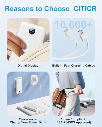 Portable Phone Charger, 12000mAh 22.5W Fast Charging Power Bank with Built-in Cables & Wall Plug, External Battery Bank with LED Display, Travel Essential Battery Pack for iPhone, iPad, Samsung White - Image 8