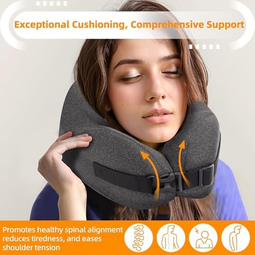 Neck Pillow Airplane Travel Set - Pure Memory Foam Travel Neck Pillow, Plane Pillow for Long Flights Essentials, Sleeping with 3D Contoured Eye Mask, Earplugs, Portable Bag (Darkgray-M) - Image 6