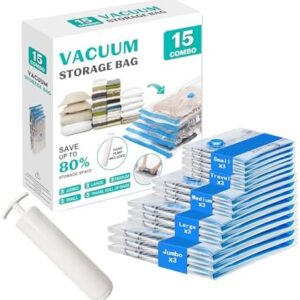 15 Pack Vacuum Seal Bags for Clothing &Travel, Space Saver Vacuum Storage Bags for Blankets,Luggage,Clothes,Comforter, Hand Pump Included (3 Jumbo,3 Large,3 Medium,3 Small,3 Roll）