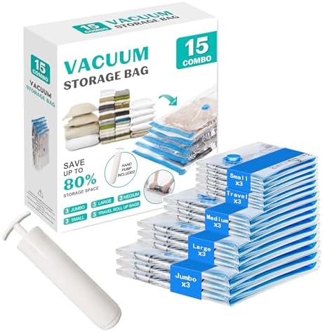 15 Pack Vacuum Seal Bags for Clothing &Travel, Space Saver Vacuum Storage Bags for Blankets,Luggage,Clothes,Comforter, Hand Pump Included (3 Jumbo,3 Large,3 Medium,3 Small,3 Roll）