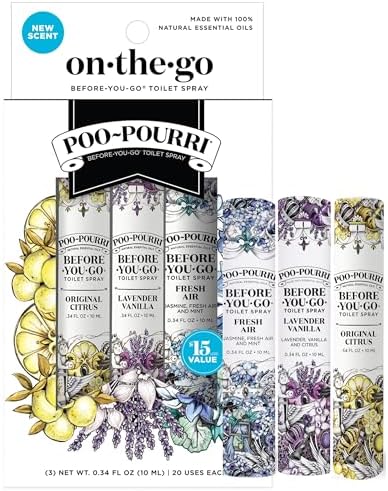 Poo-Pourri Before-You-Go Toilet Spray, Travel Essentials, .34 Fl Oz, In A Pinch Variety 3 Pack, Each Up to 20 Uses, On-The-Go Bathroom Odor Deodorizer with Essential Oils, TSA Approved Size, 3 Scents