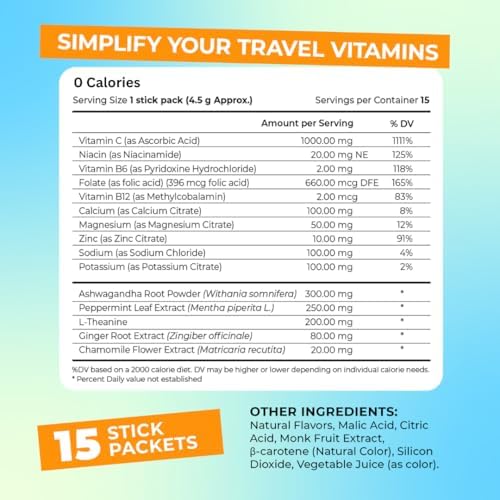 Travel Vitamin Tonic for Flight, Jet Lag, Hydration, Circulation, Digestion & Immune Support, Promotes Calmness, Electrolyte Powder, Travel Essentials, Passion Fruit Tangerine, 15 Sticks - Image 6