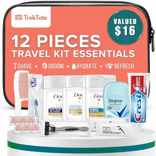 Trektote 12-Piece Women’s Travel Hygiene Kit with Toiletries & Grooming Essentials, TSA-Compliant, Clear Cosmetic Bag, Available in Bulk