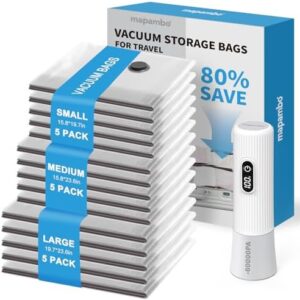 Mapambo Travel Vacuum Bags with -60000Pa LED Electric Pump, 15 Pack Vacuum Seal Bags for Clothing Travel in 3 Combo sizes, Space Saver Vacuum Storage Bags, Saving up to 80% of Space (15 Combo Size)